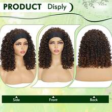 Deep Curly Brown Headband Wigs For Women 12inch Short Dark Brown Base With Caramel Brown Highlights Headband Wig For Women Curly Half Wigs With Headbands Attached Daily Use (1B/30) - 12inch-Curly-1B/30 - 查看 5