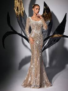 Elisanya Elegant Women's Long Formal Dress, Square Neck Long Sleeve, Decorated With Pearl Beads And Sequins, Fishtail Hem, Woven Fabric Evening Gown Party - Champagne - View 4