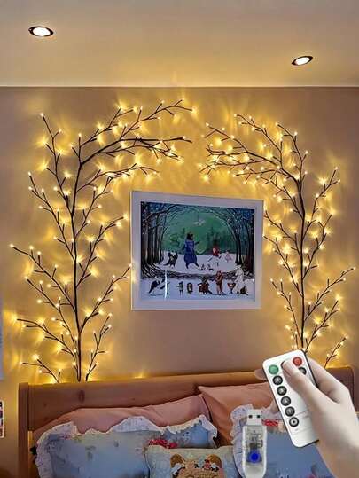 壁灯，柔性藤编灯，96颗LED灯珠，8种模式枝形灯光，USB供电，室内装饰氛围灯，适用于卧室、客厅、派对、节日、圣诞节、生日等场合，非常适合作为圣诞礼物。