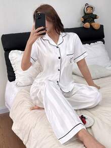 2pcs Striped Subtle Textured Satin Short-Sleeve And Pants Pajama Set - Spring/Summer Comfortable Casual Loungewear Set - trắng - Xem 5