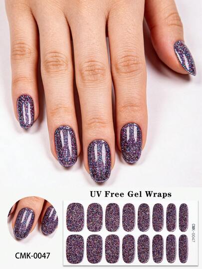 16pcs Purple Starry Sky UV Free Gel Nail Strips, Colourful Glitter Sci-Fi Style Self-Adhesive Nail Full Wraps, Salon Quality, Gel Nail Stickers For Women DIY Nail Supplies. Nails