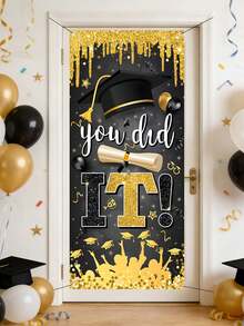 2026 Graduation Season Black & Gold "You Did It" Doorway Curtain, Graduation Cap & Certificate Themed Door Hanging, Graduation Ceremony Decor, Student Graduation Party Backdrop, Black & Gold Glitter Graduation Doorway Curtain - Black - View 4