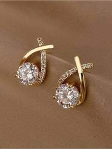 1pair Luxury And Elegant Twist Waterdrop Cubic Zirconia Stud Earrings For Decoration - 金子 - 查看 1
