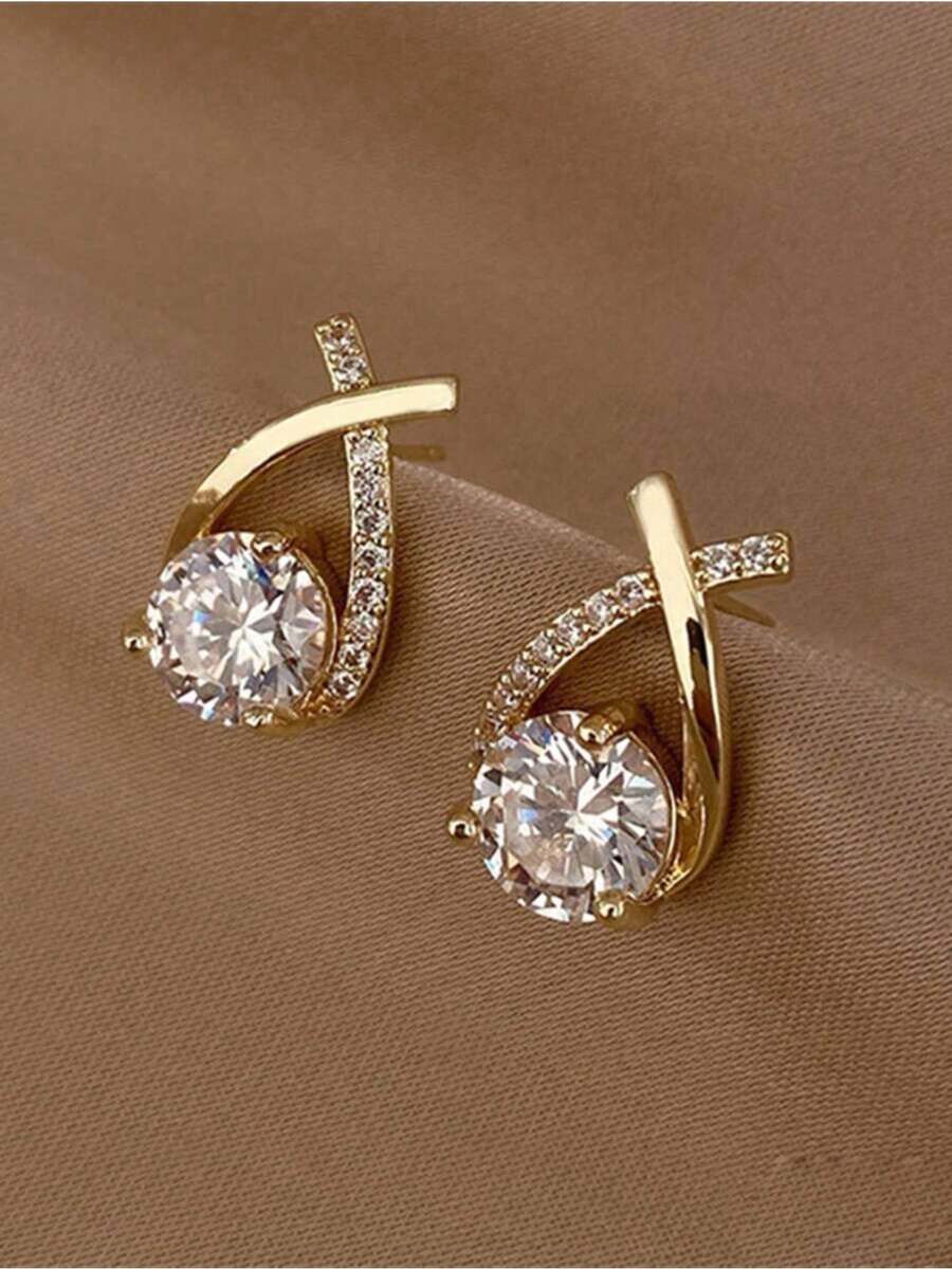 1pair Luxury And Elegant Twist Waterdrop Cubic Zirconia Stud Earrings For Decoration - 金子 - 查看 1