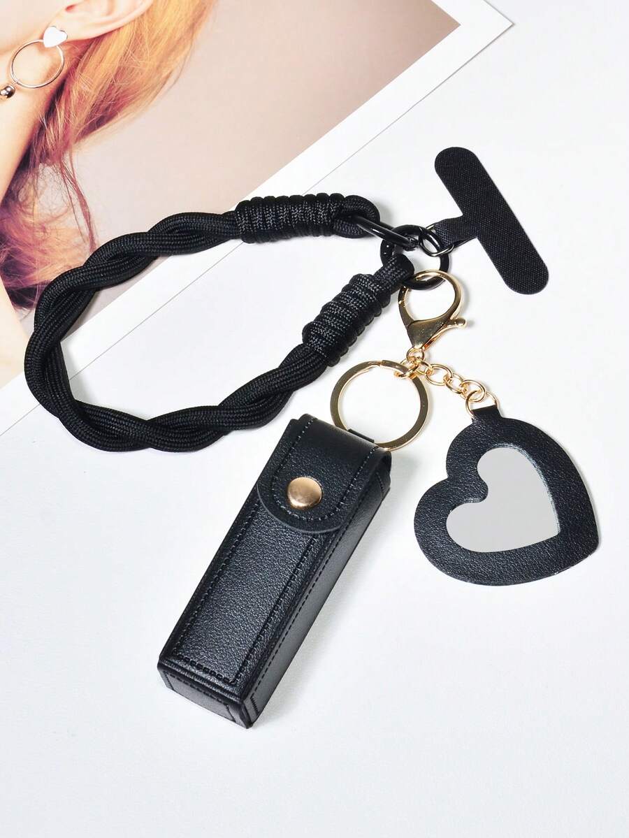 Bộ phụ kiện tối giản da đen đa năng gồm ốp lưng điện thoại, dây đeo nylon bện màu đen, túi đựng son môi bằng da màu trơn tối giản, gương trang điểm mini hình trái tim dễ thương, móc khóa, phụ kiện di động, quà tặng sinh nhật.