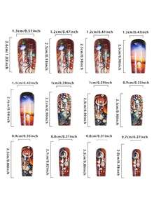 24片装深色按压式美甲，长棺材形，花朵图案，带胶水，日落图案亚克力美甲设计，全覆盖花朵太阳假指甲，粘贴式美甲，适合女性和女孩 - 彩色 - 查看 6