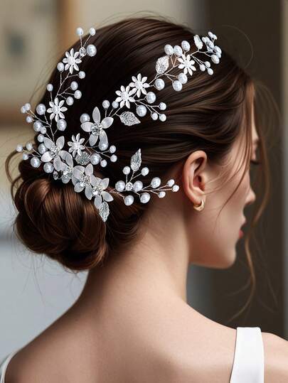 1pc Elegant Wedding Bridal Hair Accessory, Alloy Leaf & Flower Pearl Decor Headband, Fashionable Women Versatile Party/Event Hair Ornament