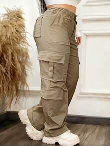 纯色纽扣口袋优雅休闲通勤简约可爱Y2K轻便大码工装裤，适合万圣节、教师节、毕业典礼、外出、度假、俱乐部、办公室、健身房、海滩、返校、生日派对、下午茶、旅行、乡村音乐节、机场、春季、夏季、秋季、冬季等各种场合。 - 深卡其 - 查看 2