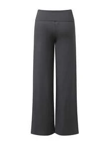 Women's Pants Wide Leg Elastic Waist Fold Over Low Rise Casual Solid Color Trousers - Gris Oscuro - Ver 8