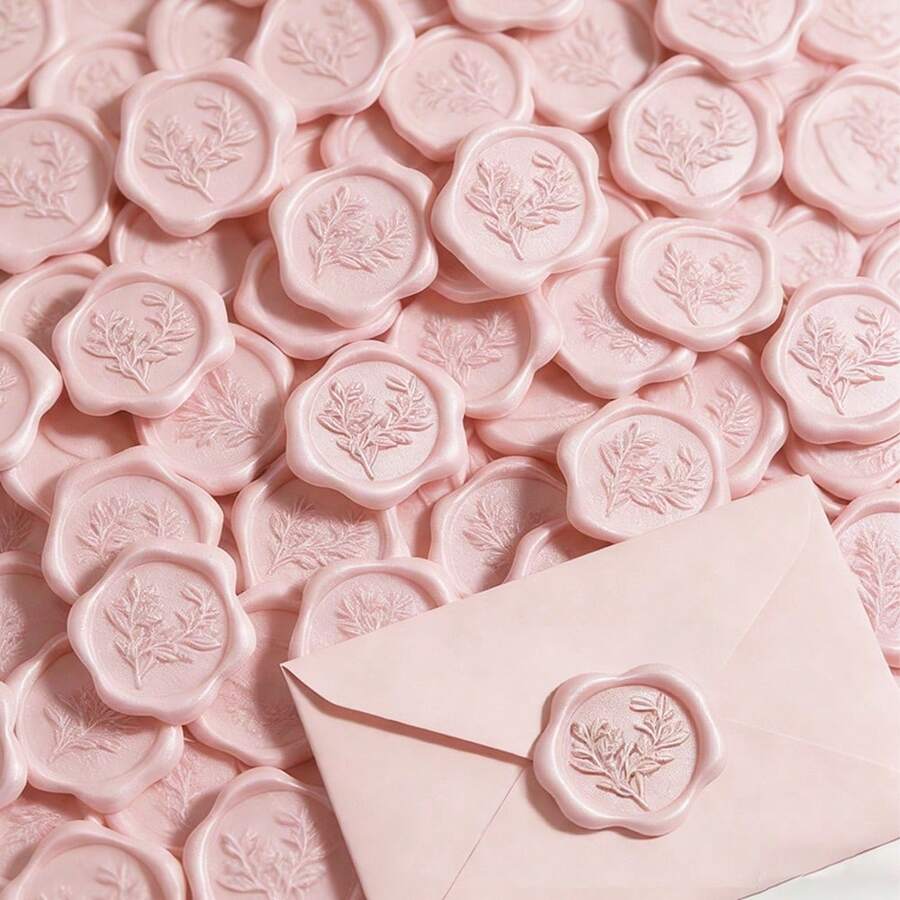 25张珠光粉色桉树叶图案自粘蜡封贴纸，适用于礼品、婚礼请柬信封封口、情人节/结婚礼物 - Pearl Pink 25PCS - 查看 1