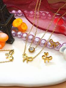 Conjunto de collar, pulsera y pendientes con colgante de lazo hueco, joyería elegante como regalo para mujeres, adecuado para aniversario, cita, cumpleaños, Día de San Valentín, Día de la Madre, regreso a clases, ceremonia de graduación y fiesta - Multicolor - Ver 7