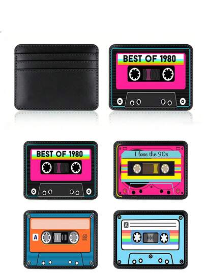 Retro Cassette Pattern Pu Multi-Card Holder, Minimalist Slim Wallet Slim Wallet, Card Wallet, Leather Front Pocket Credit Card Holder With Id Window For Business Men & Women, Stylish Accessory, Compact Organizer, Compatible With Id Badges, Credit Cards, For 80s Retro Culture Enthusiasts, For Used Credit Cards, Id Cards,Debit Cards, Passports,Photos,Driver'S Licenses, Ramadan, Valentine'S Day Gift