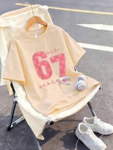 This Casual Set Designed For Girls Features A Fashionable Letter Print Design, Including A White Short Sleeve Round Neck T-Shirt And Mid-Waist Flare Pants. - Apricot - View 4