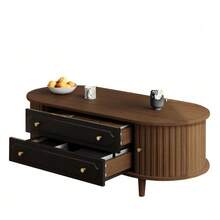 Coffee Table 100 X 50 X 36 Cm, Walnut Finish. Coffee Table With Two Drawers, Console Table With Roll-Up Door, Side Table, Living Room Table With 4 Legs, Walnut And Black Finish. - Walnut - View 9