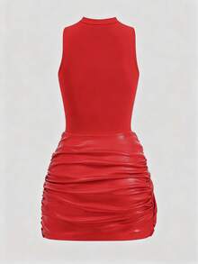 女士纯色无袖迷你连衣裙+前系带PU装饰两件套，纯色优雅打结荷叶边夏季 - 紅色 - 查看 2