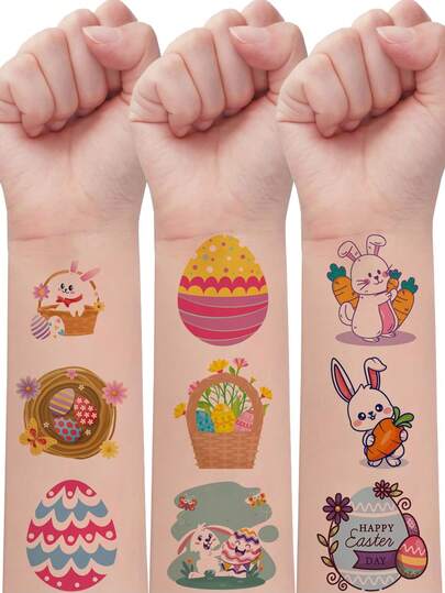 20Pcs Easter-Themed Temporary Tattoo Stickers Featuring Cartoon Bunnies And Easter Egg Designs. Perfect As Festive Gifts Or Decorations, These Waterproof Stickers Last 2-5 Days