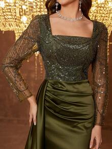UNITHORSE Women's Square Neck Long Sleeve Sequin Patchwork Satin Evening Dress - Olive Green - View 6