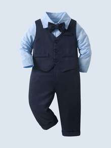 BOARNSEORL 三件套男童绅士套装，包括长袖白衬衫配领结、马甲和裤子，时尚百搭，适合生日派对、婚礼、洗礼等场合。 - 藏蓝色 - 查看 3