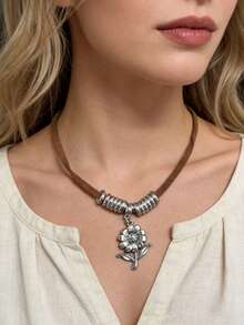 1 Piece Of Vintage Flower Alloy Women's Pendant Necklace, Suitable For Women's Daily Casual Wear, Holiday Gift - 彩色 - 查看 6