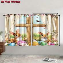 2PCS Cute Easter Bunny And Egg Print Light Sheer Curtains, Semi-Sheer For Privacy Protection. Easy Rod Pocket Installation, Quick-Dry, Fade-Resistant After Washing, Lightweight And Washable. Ideal For Home, Room And Kitchen Decor & Space Dividers. - Multicolor - View 12