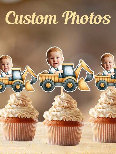 Personalized Engineering Theme Face Cupcake Toppers: Engineering Theme Birthday Party Decorations, Engineering Photo Cupcake Toppers, Face Cupcake Toppers, Personalized Engineering Truck Cupcake Toppers, Excavator Theme Birthday Party Decorations