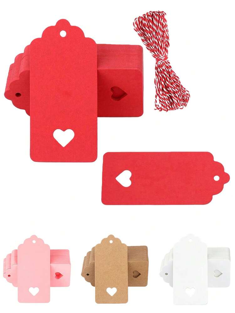 50/100 Stück rosa Cut Out Herz Hochzeitsfavoritenetiketten mit Schnüren, einfarbige Geschenkanhänger, rote Papiertags geeignet für Hochzeit und Geburtstagsfest Süßigkeiten - Pink - Übersicht 1
