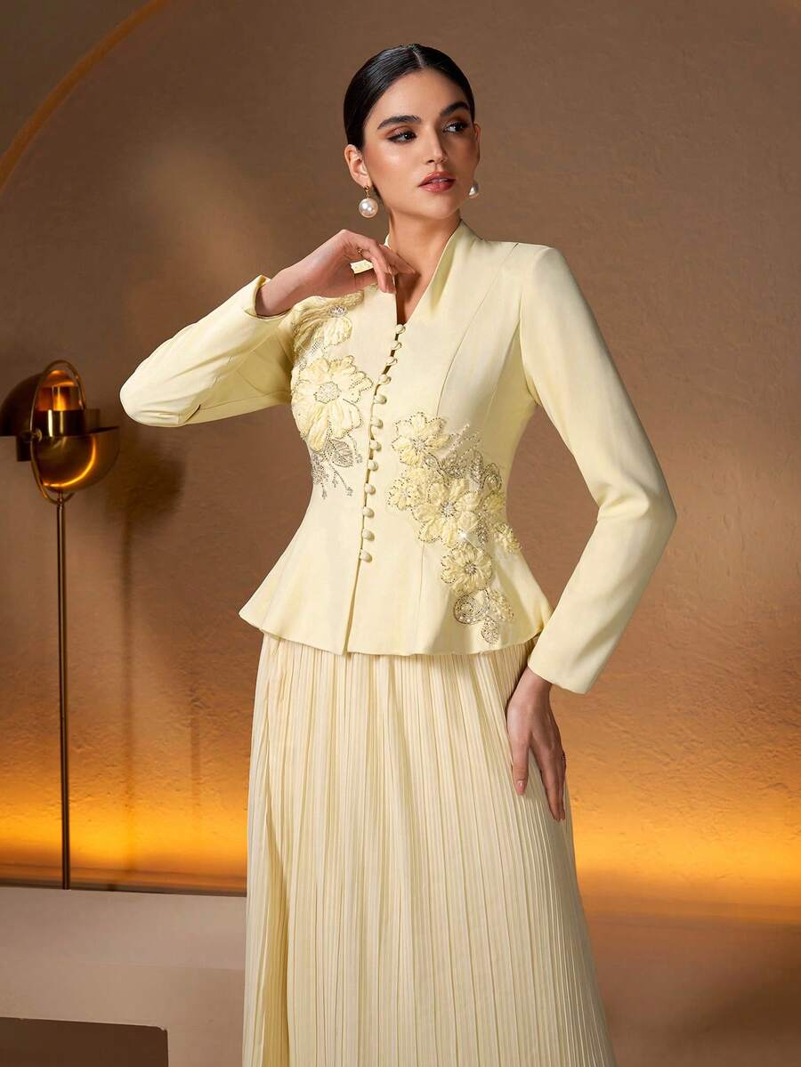 2pcs Women's Elegant V-Neck Applique Design Pleated Dress, Suitable For Daily, Festival, Casual Occasions, Solid Color Spring - Pale Yellow - View 1