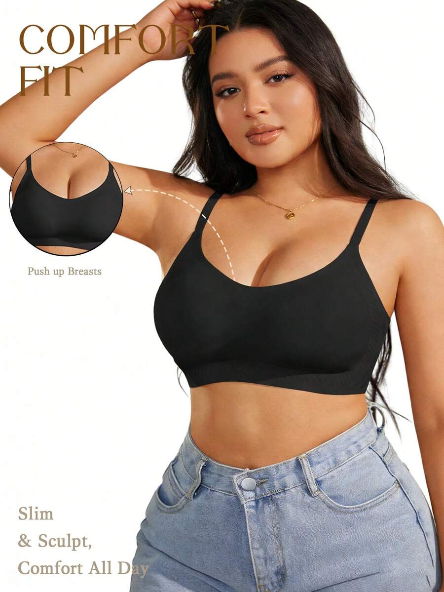 女士加大码无缝文胸，带果冻胶支撑、无钢圈、聚拢、可调节肩带和侧边平滑、提升 - 黑色 - 查看 1