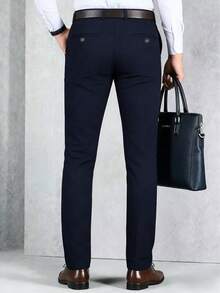 男士经典设计长裤，印花工艺，纯色弹力商务裤，适合春夏穿着，优雅奢华风格，男士长裤 - 藏蓝色 - 查看 3