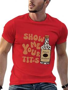 Men's Casual Short-Sleeve T-Shirt, "Show Me Your Titos" Text Pattern Top, Casual Style, 100% Cotton Top, Fashion Summer Short-Sleeve T-Shirt, Heat Transfer Print Design, Couple Outfit, Perfect Valentine's Day Gift, Couple Printed T-Shirt, Vodka Enthusiast Printed Shirt, Men's Printed T-Shirt. - 紅色 - 查看 3