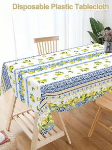 1 pieza Mantel desechable de limón - 137x183cm Cubierta de mesa rectangular con patrón geométrico azul de PE, adecuado para bodas, fiestas, cumpleaños, despedida de soltera, graduación, bautizo, banquetes, fiesta de primavera y verano, decoración del hogar, accesorios de cocina - Multicolor - Ver 13