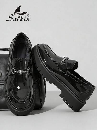 Salkin New Arrival British Style Designer Men's Slip-On Loafers, Vintage Affordable High-End Feel, Soft & Comfortable Round Toe Formal Leather Shoes, Glossy Patent Leather Dress Shoes, Rubber Sole, Casual Everyday Wear, Suitable For Dating, Party, Wedding, Gifting. Runs Small, Please Order One Size Up.