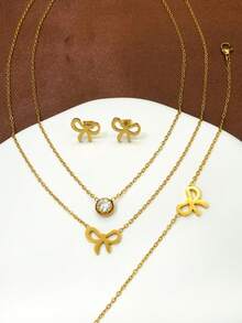 Conjunto de collar, pulsera y pendientes con colgante de lazo hueco, joyería elegante como regalo para mujeres, adecuado para aniversario, cita, cumpleaños, Día de San Valentín, Día de la Madre, regreso a clases, ceremonia de graduación y fiesta - Multicolor - Ver 2