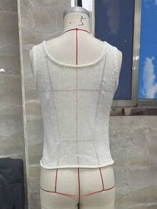 Women Y2K Sequin Knit Tank Top 90S Vintage Square Neck Sheer Knit Crop Top Summer Going Out Camisole Party Clubwear - 米色 - 查看 7