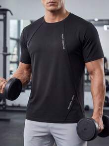 Camiseta deportiva de cuello redondo para hombre, camiseta casual de manga corta para hombre en verano, camiseta de manga corta para entrenamiento de gimnasio y running, adecuada para trabajo al aire libre y ejercicio, top de media manga, ropa deportiva de verano para hombre - Negro - Ver 4