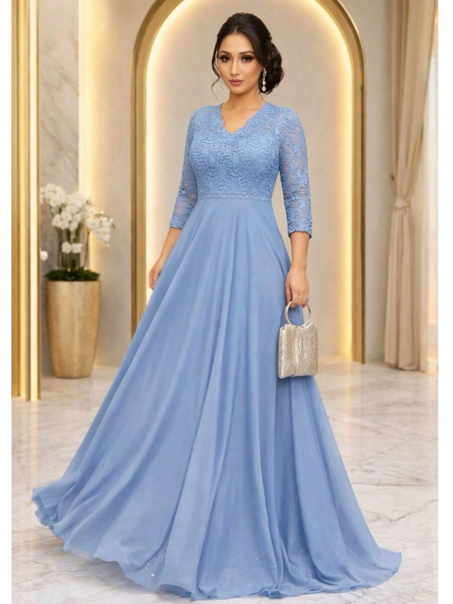 Long Dress For Bridesmaid, Mother Of The Bride/Groom, Discreet, Evangelical, With Lace Sleeves, Size 3.4 - 藍色寧靜 - 查看 1