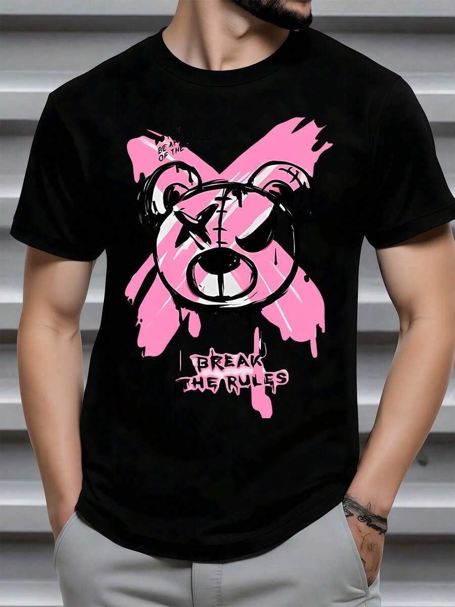 Ours rebelle rose avec croix expressive et message appelant à briser les règles pour affirmer son style unique Tshirt  mode urbaine - Noir - Voir 1