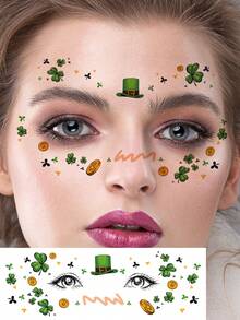 12张圣帕特里克节脸部临时纹身贴纸 | 三叶草、绿帽、彩虹气球、硬币节日装饰图案，派对脸部彩绘假纹身 - 彩色 - 查看 4