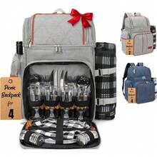 [Envíos locales] Mochila de picnic para 4 personas con forro aislante, accesorios completos incluidos, color azul y negro, portátil para actividades al aire libre - Gris - Ver 12