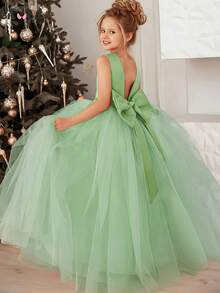 Tween Girl Elegant Bowknot Backless Deep V Mesh Princess Dress, Suitable For Birthday Party, Wedding, Flower Girl, Prom, Holiday Occasions - Mint Green - View 1