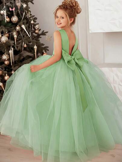Tween Girl Elegant Bowknot Backless Deep V Mesh Princess Dress, Suitable For Birthday Party, Wedding, Flower Girl, Prom, Holiday Occasions