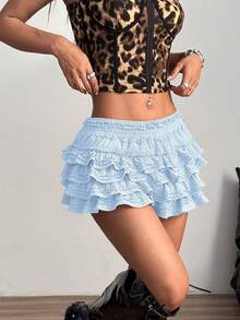 Váy ngắn màu trơn, đa năng, thoải mái, có bèo nhún ở gấu, kiểu dáng mới, quần short mini gợi cảm mùa hè. - Màu xanh nhạt - Xem 3