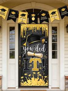 2026 Graduation Season Black & Gold "You Did It" Doorway Curtain, Graduation Cap & Certificate Themed Door Hanging, Graduation Ceremony Decor, Student Graduation Party Backdrop, Black & Gold Glitter Graduation Doorway Curtain - Black - View 1