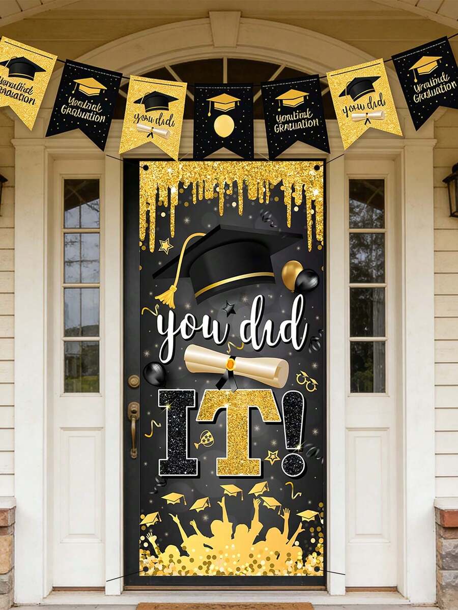 2026 Graduation Season Black & Gold "You Did It" Doorway Curtain, Graduation Cap & Certificate Themed Door Hanging, Graduation Ceremony Decor, Student Graduation Party Backdrop, Black & Gold Glitter Graduation Doorway Curtain - Black - View 1