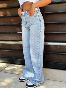 Women's Casual Denim Jeans (Waist Cinching And Hip Lifting - Small Size, Light Blue), Simple Style, Suitable For All Seasons, Loose Hem, Back Pocket Design, Suitable For Daily Wear - Light Blue - View 5