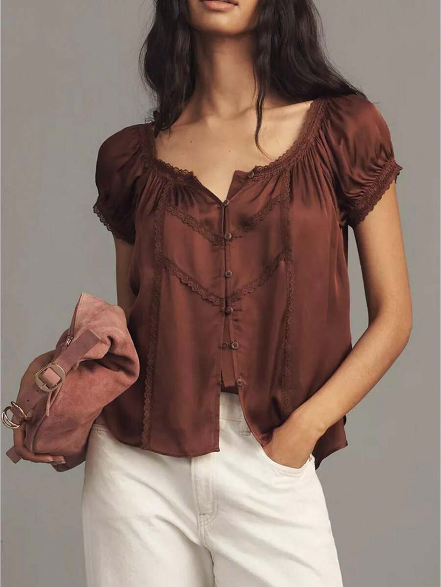 Women's Sweetheart Neck Puff Short Sleeve Blouse Lace Trim Button Front Relaxed Fit Boho Peasant Top - Coffee Brown - View 1