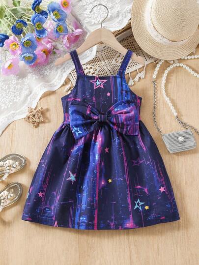 Girls' Casual Y2K Style Bowknot Meteor Print Slip Dress, Suitable For Outdoor, Back To School, Commute, Social Gathering, Spring/Summer