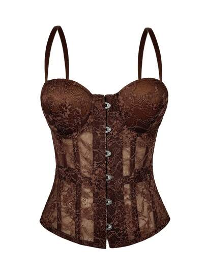 Women's Floral Lace Camisole With Bra, Brown Sexy Spaghetti Strap Corset Slim Fit Elegant Jacket For Party & New Year Casual