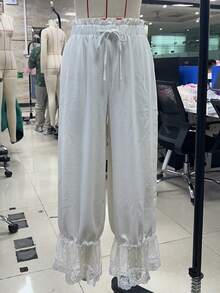 Women Y2K Lace Trim Long Bloomers Cute Ruffle Hem Cropped Pajama Pants Sheer Mesh Elastic Waist Pettipants - 杏色 - 查看 5