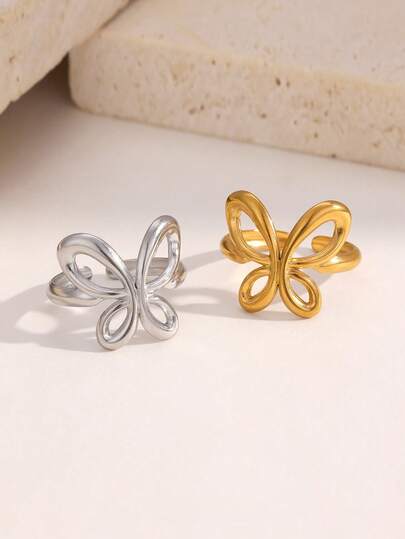 1pc Fashionable INS Minimalist Versatile Elegant Sweet Cute Gold-Plated Stainless Steel Butterfly Open Ring, Suitable For Women's Daily, Party, And Date Wear